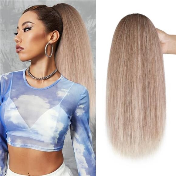 Straight Ponytail Extension For Women, 14 Inch Mixed Blonde Fluffy - Picture 1 of 5